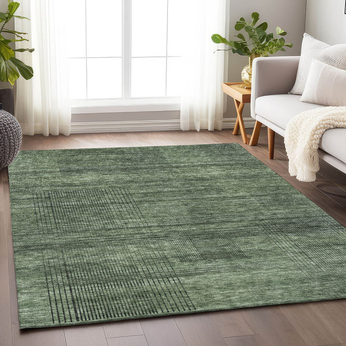 10' X 14' Striped Washable Area Rug With UV Protection - Olive Green And Gray