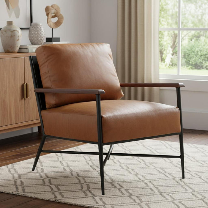 Top Grain Leather And Black Solid Color Arm Chair - Brown
