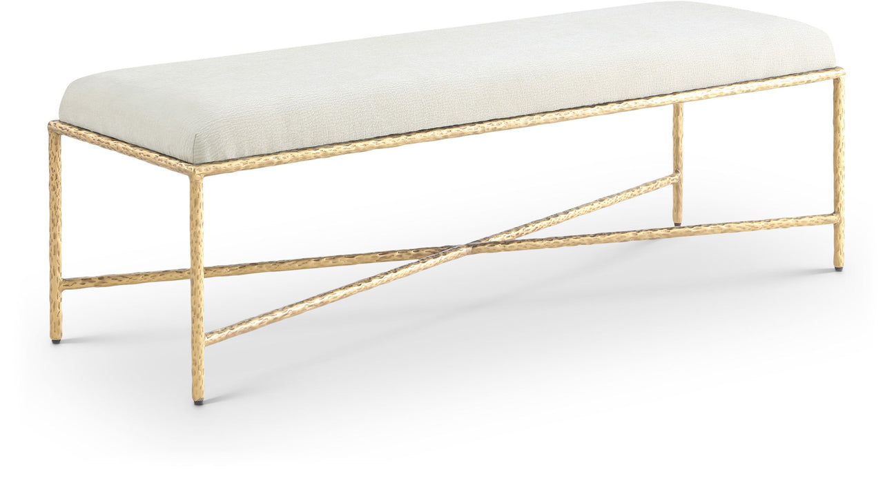 Upholstered bench with gold frame by Meridian Furniture, featuring a sleek modern design and plush cushioning for stylish seating.