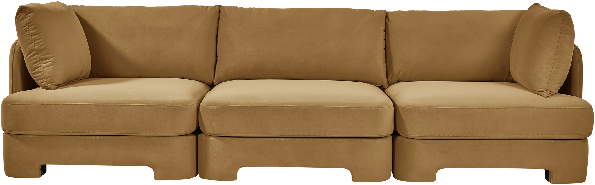 Velvet performance fabric upholstered 3-piece stationary sectional sofa by Meridian Furniture, showcasing plush cushions and modern design.