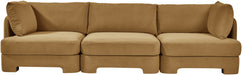 Velvet performance fabric upholstered 3-piece stationary sectional sofa by Meridian Furniture, showcasing plush cushions and modern design.