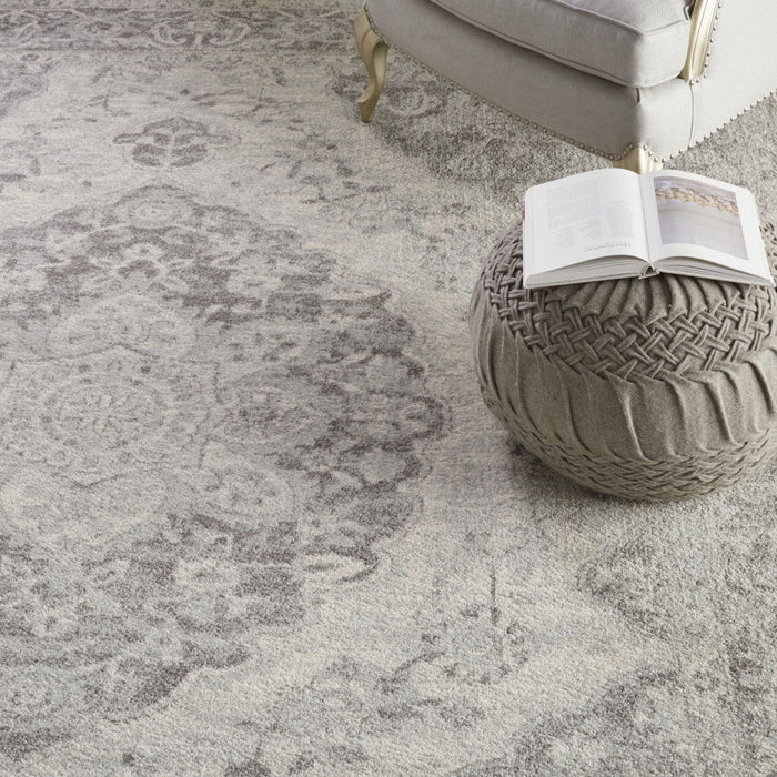 9' X 12' Floral Medallion Distressed Area Rug - Ivory And Gray