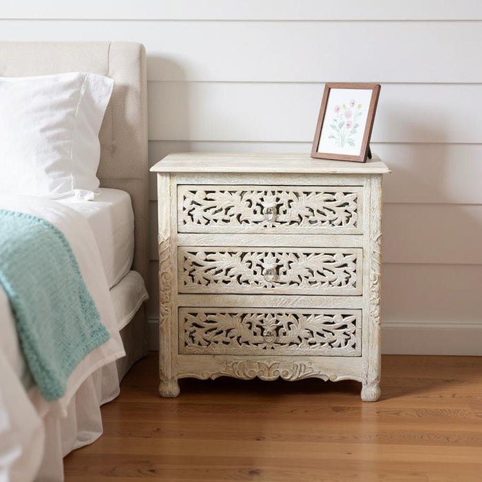 Three Drawer Floral Carved Solid Wood Nightstand - Distressed White