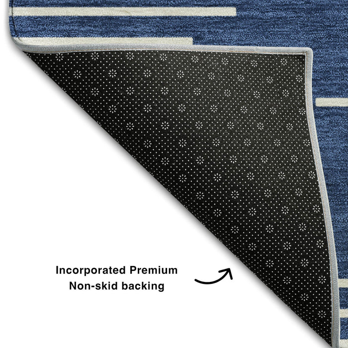 10' X 14' Geometric Washable Area Rug With UV Protection (679762) - Navy Blue / Ivory