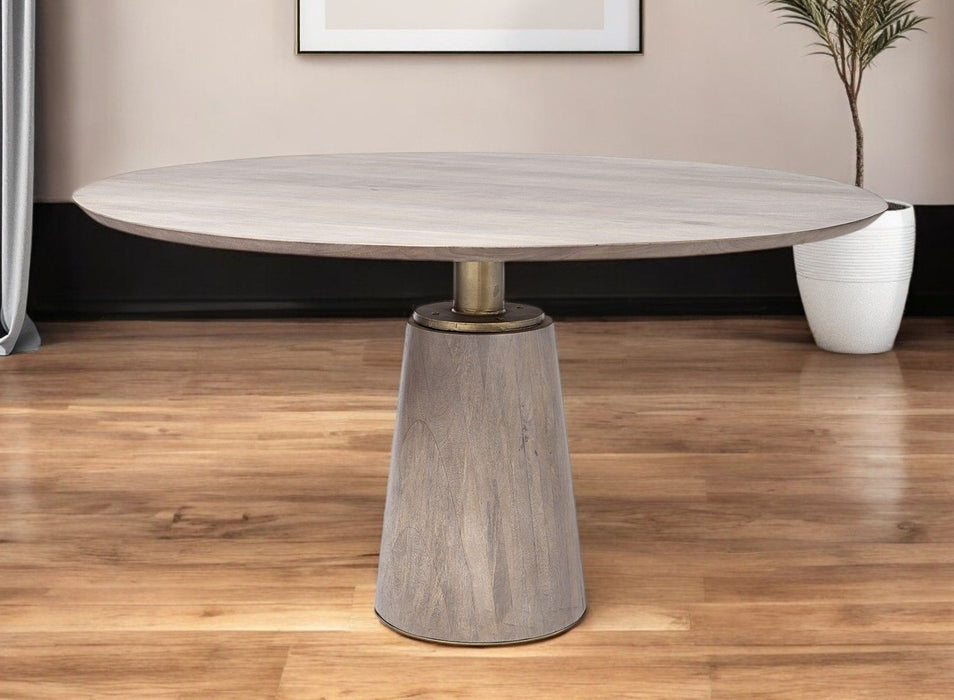 54" Rounded Solid Wood And Metal Pedestal Base Dining Room Table - Brown
