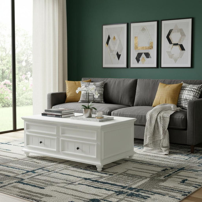 Solid And Manufactured Wood Lift Top Coffee Table With Two Drawers - White