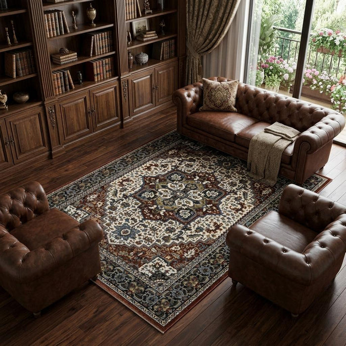 8' X 11' Medallion Area Rug With Fringe (574880) - Red / Ivory / Black