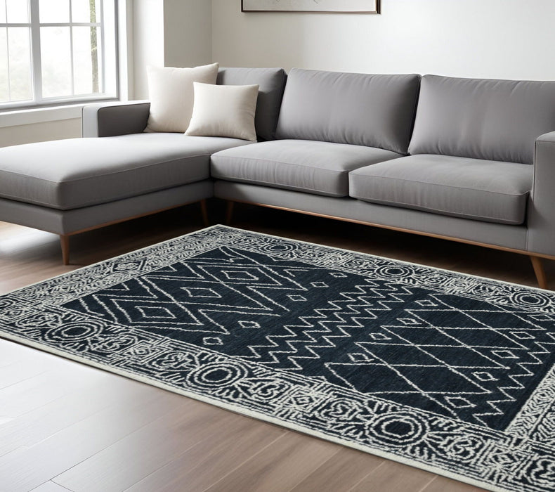 8' X 10' Wool Southwestern Hand Hooked Area Rug - Charcoal And Ivory