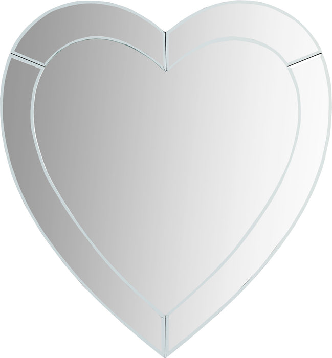 Silver heart-shaped accent mirror by Meridian Furniture with a pearl finish, perfect for decorative wall display.