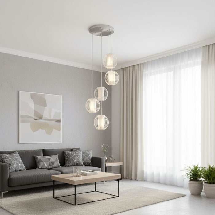 Five Light Acrylic And Steel Shade Hanging Globe Light - Silver