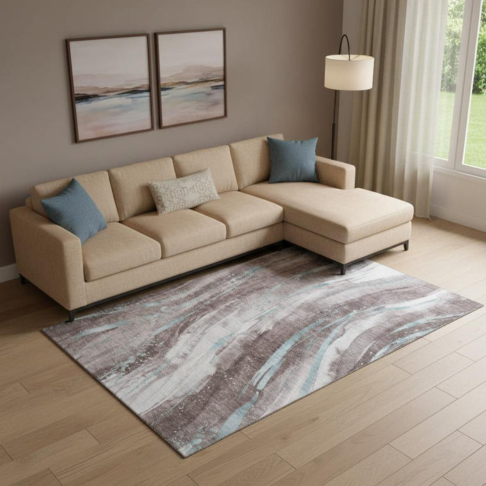 10' X 14' Abstract Washable Area Rug With UV Protection (696818) - Taupe / Blue / Ivory