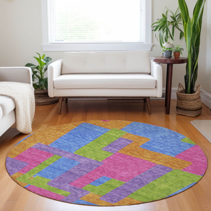 8' Abstract Geometric Washable Round Rug With UV Protection - Purple