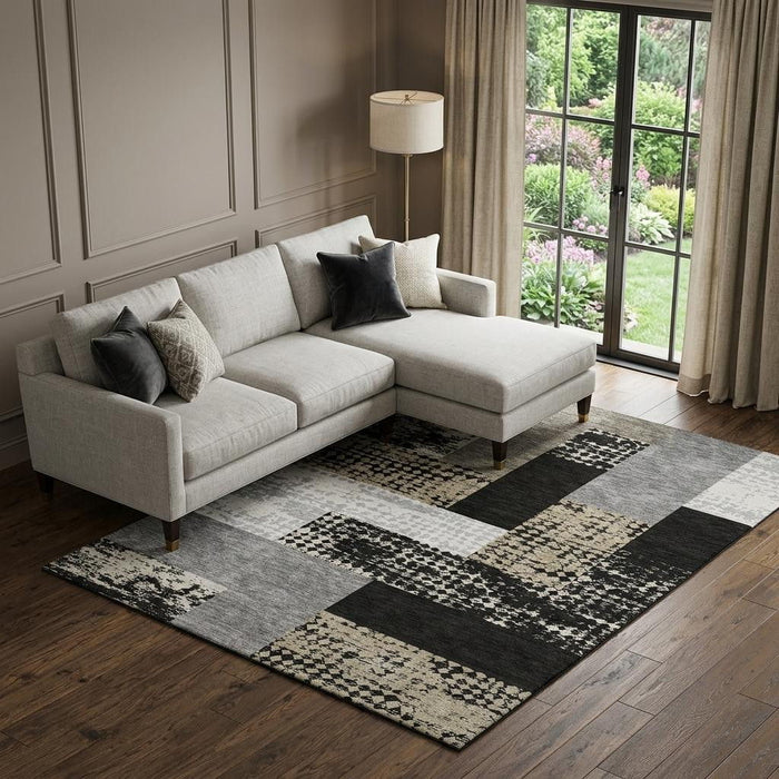 10' X 14' Geometric Washable Area Rug With UV Protection (674916) - Black / Ivory / Beige