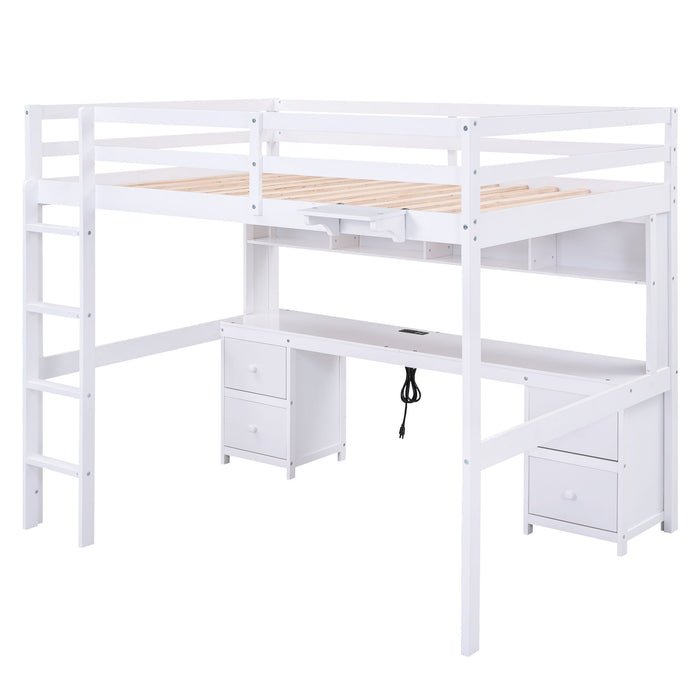 Giga loft bed with integrated desk, cabinets, drawers, charging station, and bedside tray, featuring a modern, multi-functional design.