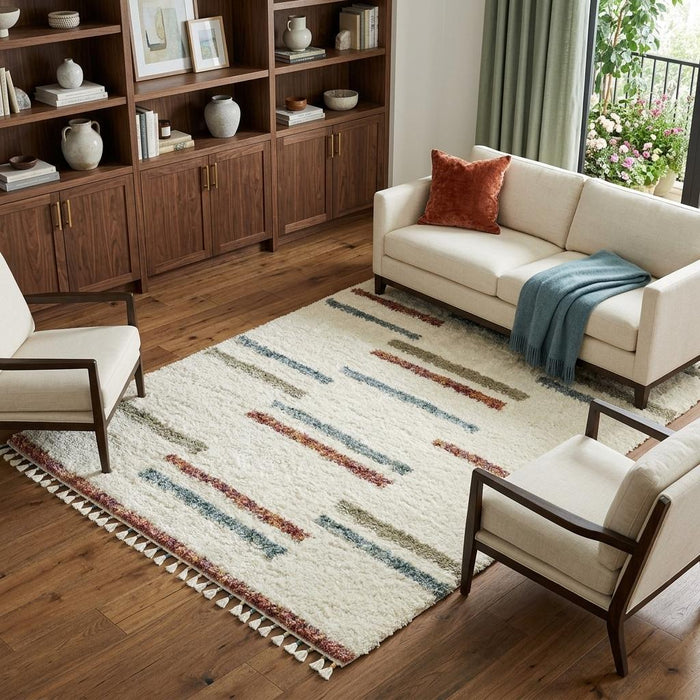10' X 13' Striped Shag Area Rug With Fringe (574641) - Ivory / Brown / Gray