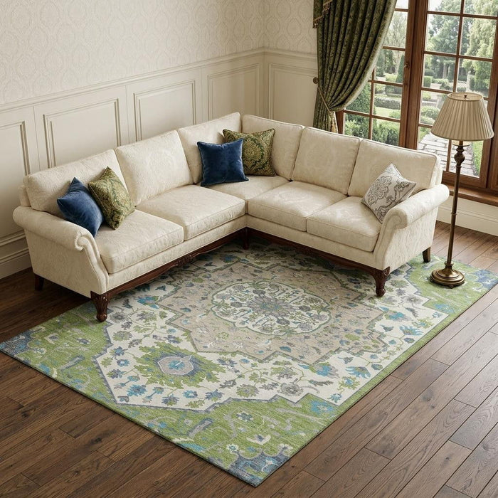 10' X 14' Oriental Washable Area Rug With UV Protection (677741) - Artichoke Green / Ivory / Blue