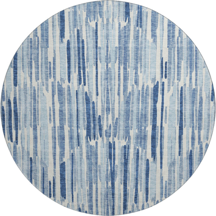 8' Abstract Polyester Washable Round Rug With UV Protection - Blue And Ivory