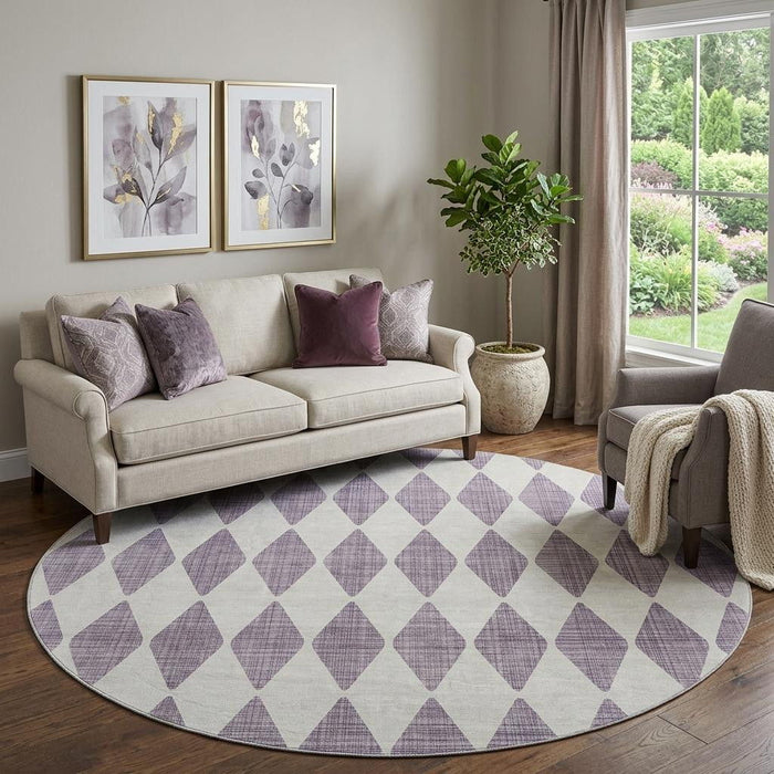 8' Diamond Washable Round Rug With UV Protection (650095) - Purple / Ivory