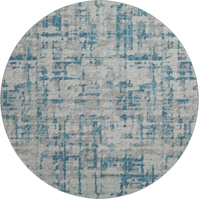 8' Abstract Washable Round Rug With UV Protection - Persian Blue And Gray