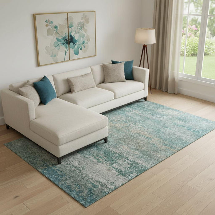 10' X 14' Abstract Washable Area Rug With UV Protection (717086) - Aqua / Beige