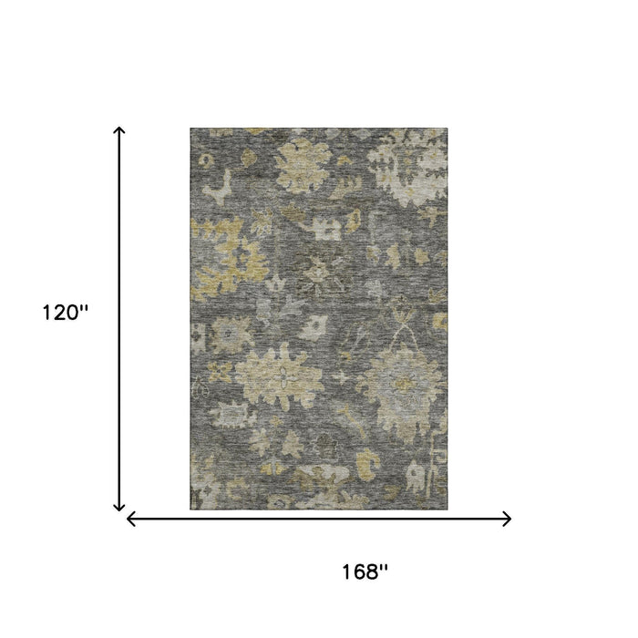 10' X 14' Floral Washable Area Rug With UV Protection (684522) - Gray / Gold / Beige