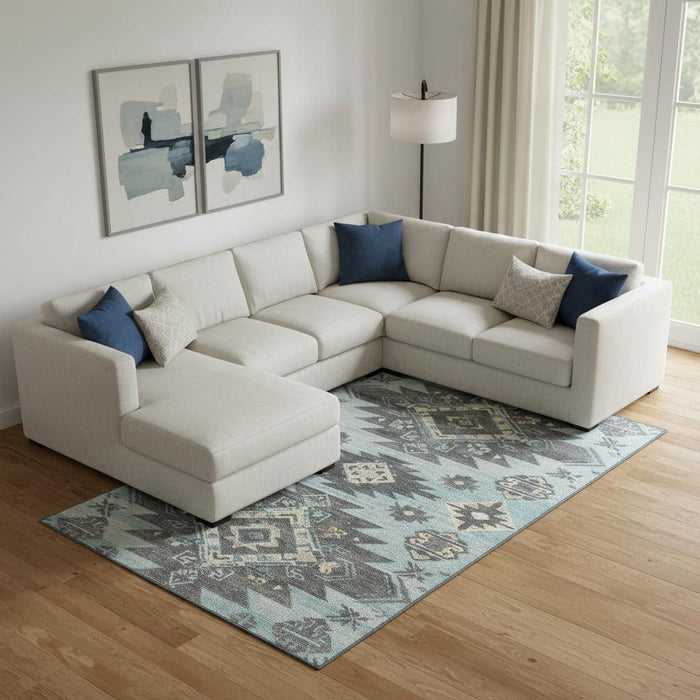 10' X 14' Tribal Washable Area Rug With UV Protection (709018) - Teal / Charcoal / Gray