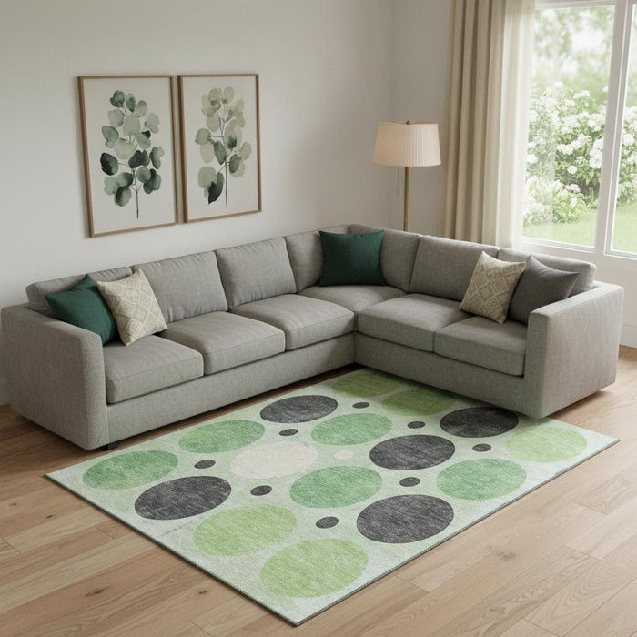 10' X 14' Geometric Washable Area Rug With UV Protection (709156) - Green / Ivory / Charcoal