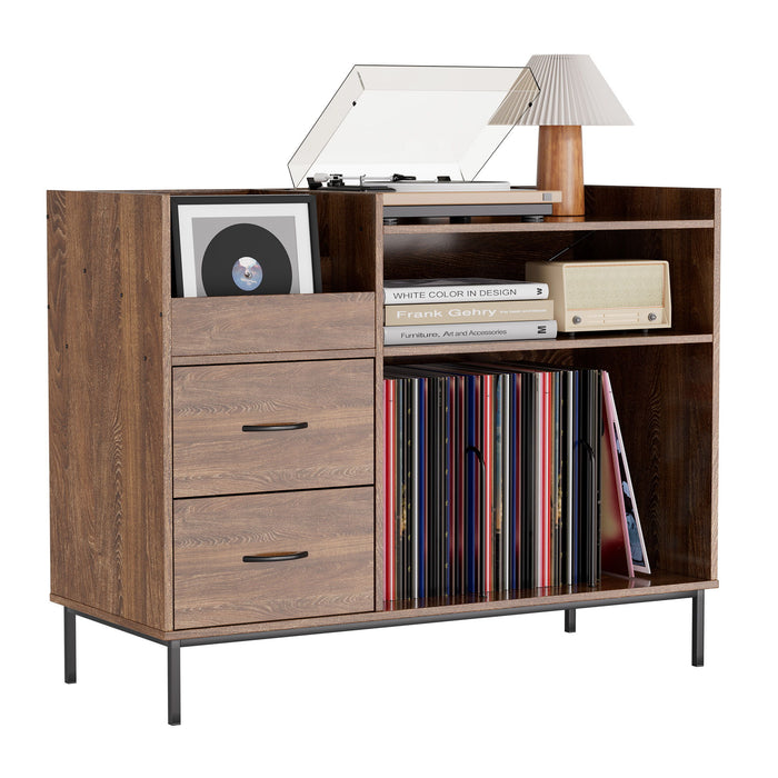 Giga eco-friendly vinyl record player stand with flip-top storage, dustproof drawers, dual outlets, and media console design.
