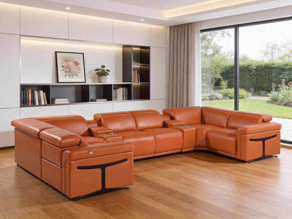 Leather Power Reclining U Shaped Eight Piece Corner Sectional With Console - Camel