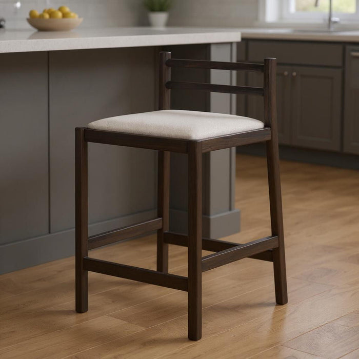 Fabric And Solid Wood Low Back Counter Height Bar Chair - Cream / Dark Brown