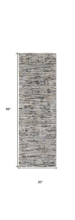 8' Wool Abstract Hand Knotted Runner Rug - Gray Blue And Silver