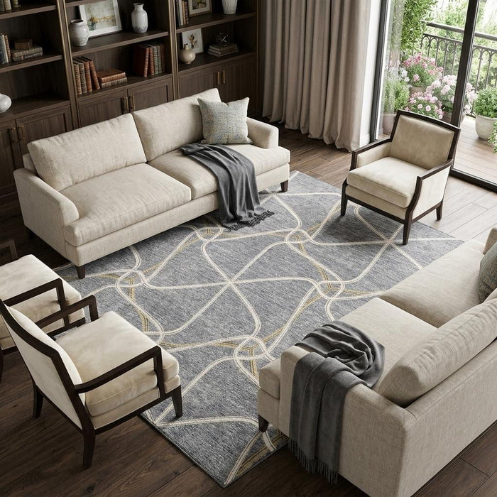 10' X 14' Geometric Washable Area Rug With UV Protection (675378) - Gray / Gold / Ivory