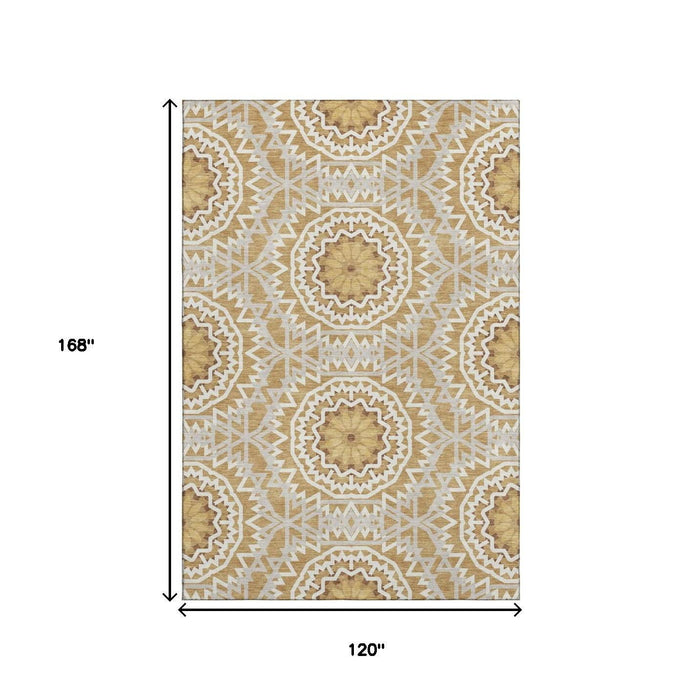 10' X 14' Geometric Washable Area Rug With UV Protection (652233) - Gold / Ivory