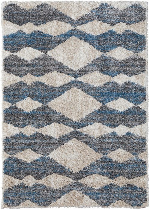 9' x 12' Chevron Power Loom Stain Resistant Area Rug - Ivory Gray And Blue