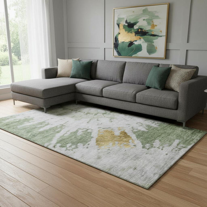 10' X 14' Abstract Washable Area Rug With UV Protection (651286) - Artichoke Green / Gold / Ivory
