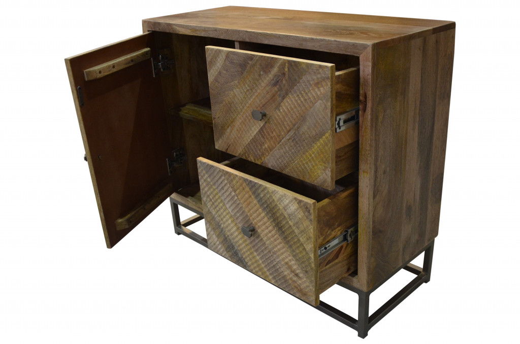 Solid wood accent chest by HomeRoots with a door and shelves, featuring shades of natural brown wood grain and a compact design.