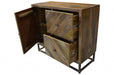 Solid wood accent chest by HomeRoots with a door and shelves, featuring shades of natural brown wood grain and a compact design.