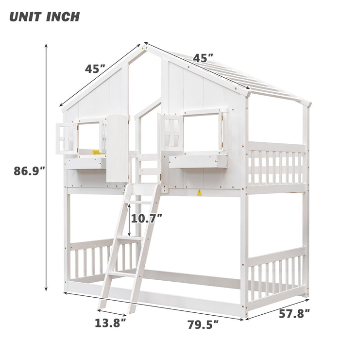Giga house bunk bed with roof, window, door, window box, safety guardrails, and ladder for children’s bedroom decor.