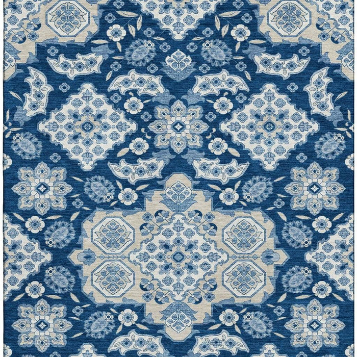 10' X 14' Floral Medallion Washable Area Rug With UV Protection (705857) - Navy Blue / Ivory