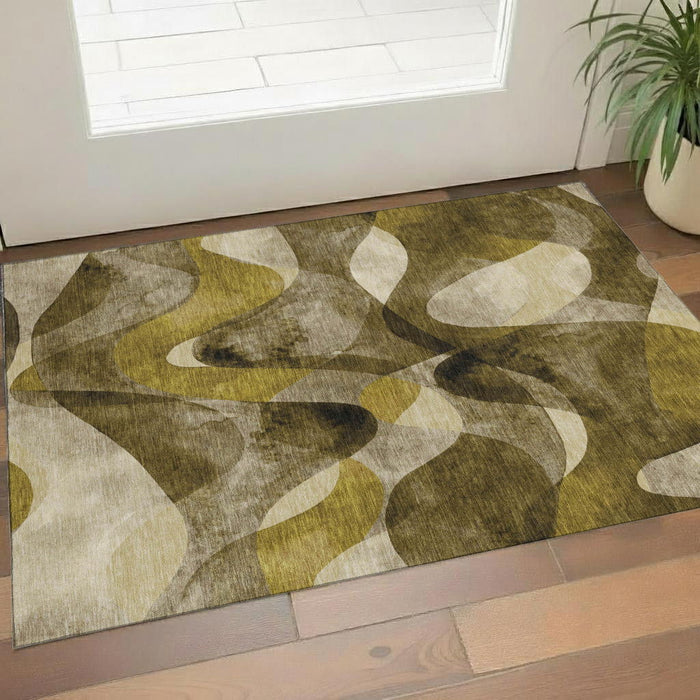 3' X 5' Abstract Washable Area Rug With UV Protection (648071) - Coffee / Gold / Ivory