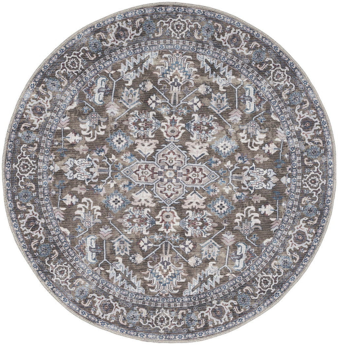 4' Floral Power Loom Worn Faded Round Rug (573482) - Green