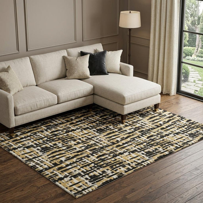 10' X 14' Abstract Geometric Washable Area Rug With UV Protection (683033) - Black / Ivory / Gold
