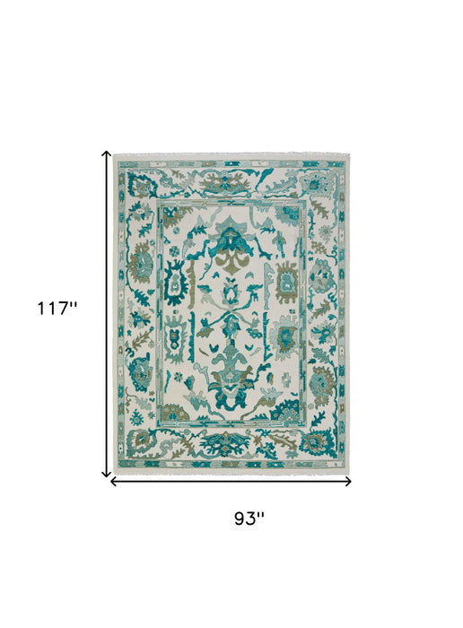 8' X 10' Wool Floral Hand Knotted Area Rug With Fringe - Green And Ivory