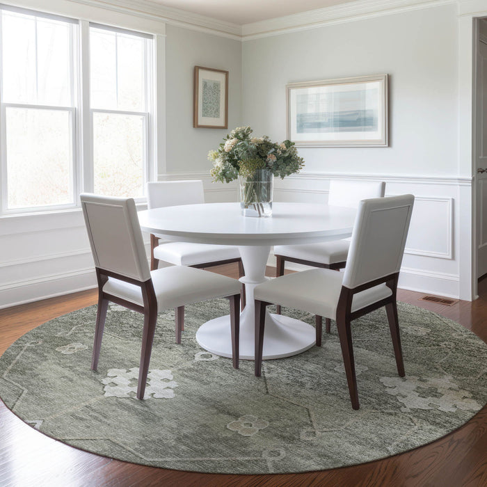 8' Floral Medallion Washable Round Rug With UV Protection - Olive Green And Ivory