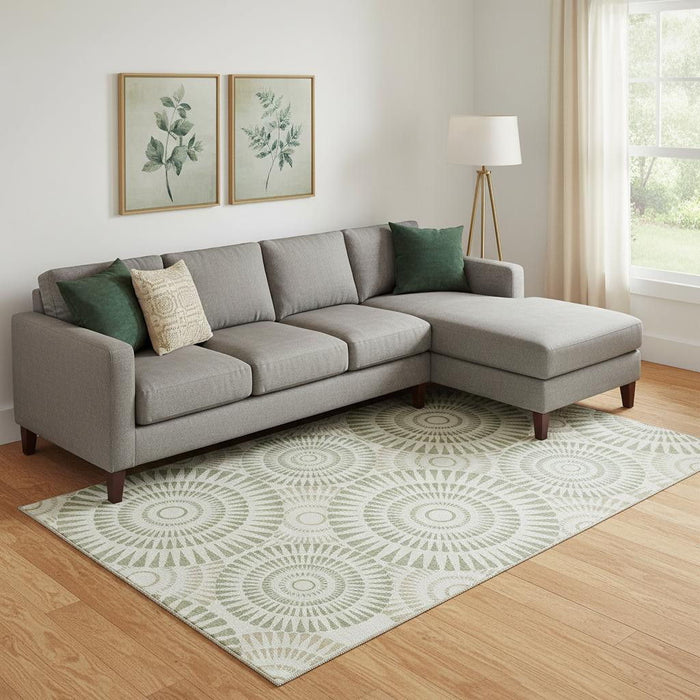 10' X 14' Geometric Washable Area Rug With UV Protection (669751) - Artichoke Green / Ivory