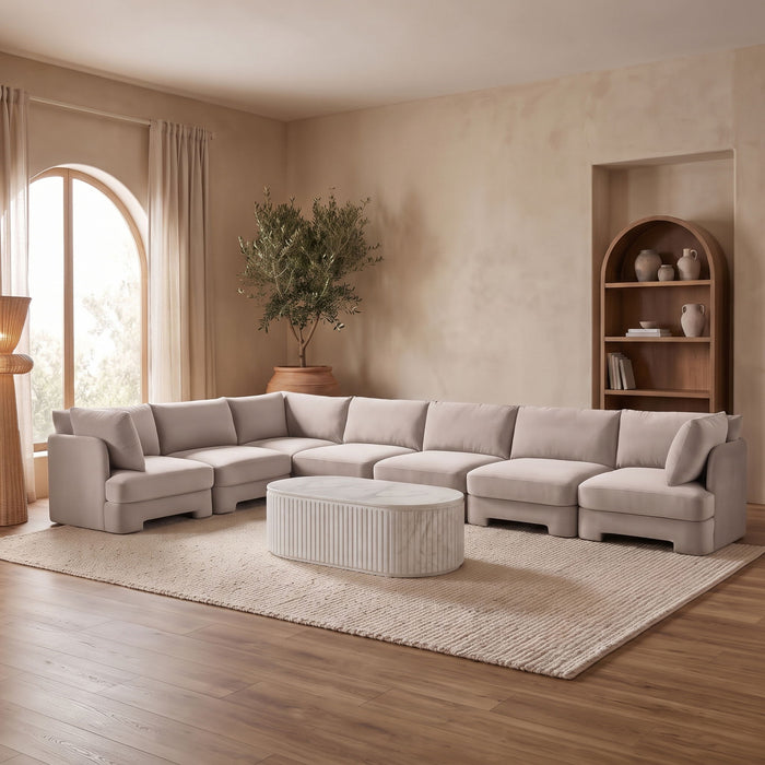 Meridian Furniture Hammond velvet upholstered 7-piece sectional sofa in stationary design, featuring plush cushions and modern style.
