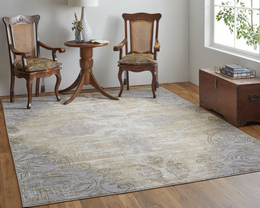 12' x 15' Floral Power Loom Area Rug - Silver Tan And Gray