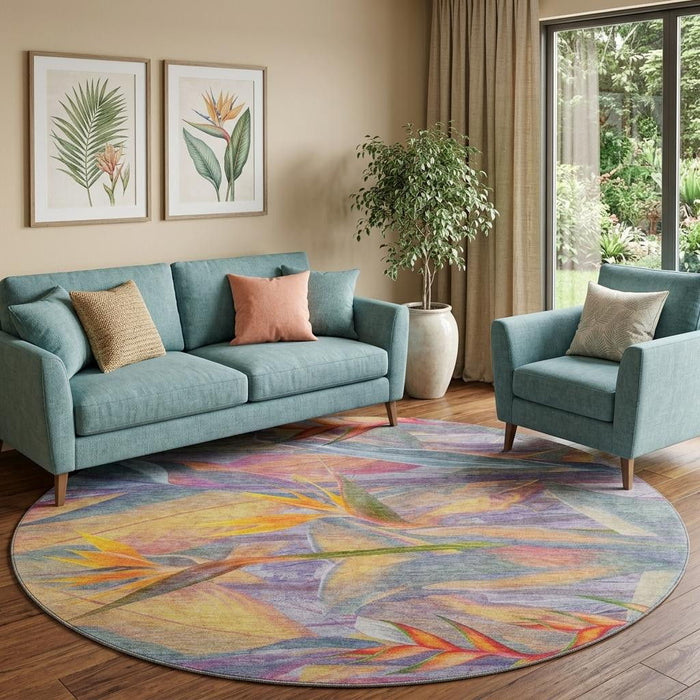 8' Geometric Washable Round Rug With UV Protection (646388) - Rainbow / Ivory