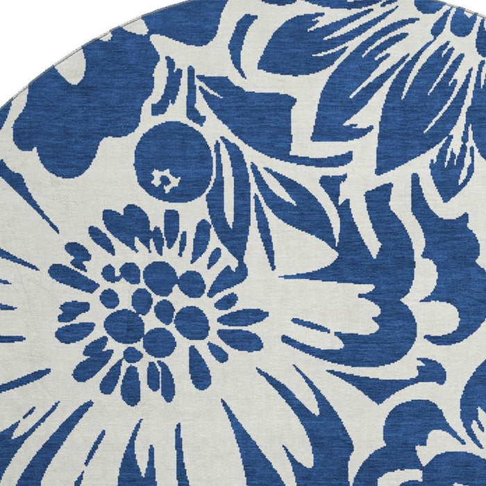 8' Floral Washable Round Rug With UV Protection (648667) - Navy Blue / Ivory