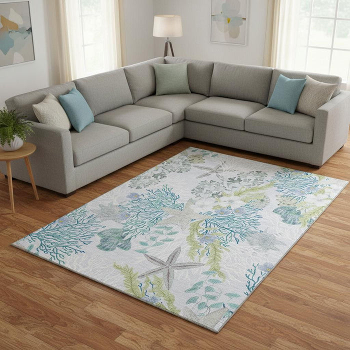 8' X 10' Geometric Washable Area Rug With UV Protection (645694) - Aqua / Ivory / Green